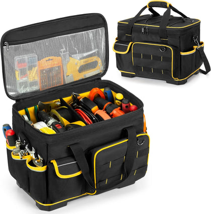 16-inch Tool Bag with Hard Bottom and a Detachable Divider, Heavy Duty Tool Tote with Multiple Pockets, Black