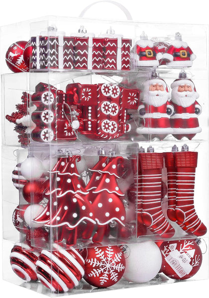 Christmas Tree Ornaments Set, 155ct Red and White Shatterproof Christmas Tree Decorations Bulk, Variety Traditional