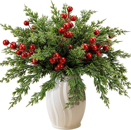45 Pcs Christmas Artificial Pine Branches with Red Berry Stems, 10.5" Faux Evergreen Norfolk Pine Cypress Leaves