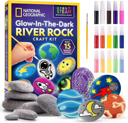 National Geographic Glow-in-the-Dark Rock Painting Craft Kit for Kids | 15 River Rocks, 15 Paint Colors, Glow Paints