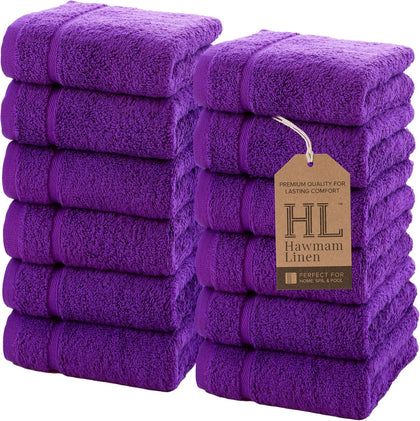 Luxury Cotton Washcloths 13x13 Inch - Large Hotel Spa Bathroom Face Towel | 12 Pack | Purple