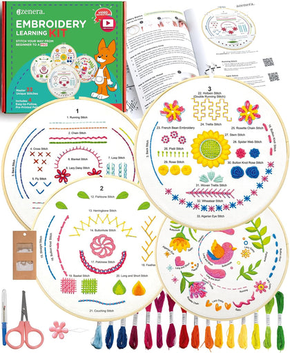Beginner Embroidery Kit (4 Pack) Learn 33 Stitches with Easy DIY Video Tutorials, Coloured Design Patterns, Thread