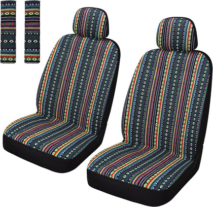 Baja Saddle Blanket Car Seat Covers Front Set with Seat Belt Pads, Washable Breathable Striped Woven Cloth Seat
