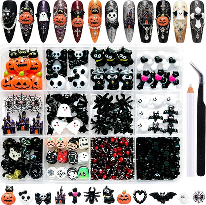 12 Grids Halloween Nail Charms 3D Gothic Flatback Pumpkin Ghost