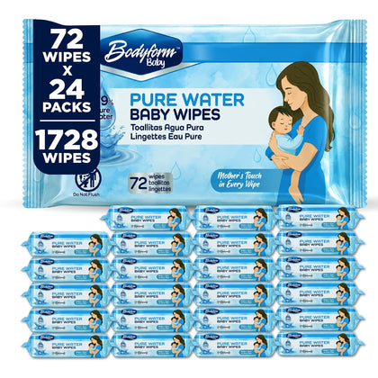 Baby Pure Water Baby Wipes, 24 Pack of 72 Count (1,728 Wipes Total) — 99% Pure Water Formula, Alcohol-Free &