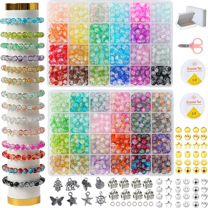 1300PCS 8mm Mixed Crackle Glass Beads for Bracelets Making with Accessories, 48 Colors Crystal Glass Beads Jewelry