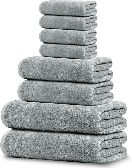 8 Piece Towel Set, 2 XL Bath, 2 Hand, 4 Washcloth, Cool Grey | 100% Cotton, Lighter Weight, Quicker to Dry, Super