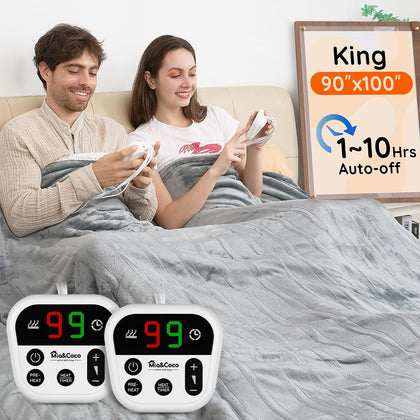 Electric Blanket King -90"x100" Dual Control Flannel Heated Blanket, 10 Heat Levels, 10-Hour Auto-Off, Fast Heating