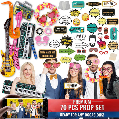 70 Pc Large Premium Photo Booth Props Set for All Occasions - Wedding Props, Birthday Props, Graduation Prop