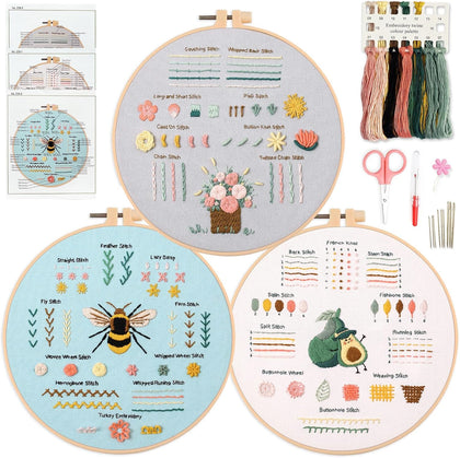 3 Embroidery kit for Beginners, Beginner Embroidery Kit for Adults. Starter Kits to Learn 28 Different Stitches
