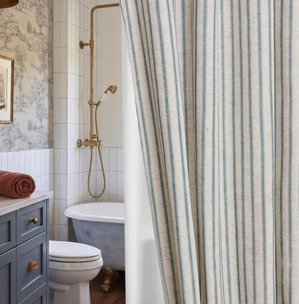 Farmhouse Striped Shower Curtain Set, Linen Blend Fabric with Detachable Polyester Liner, Breathable & Machine