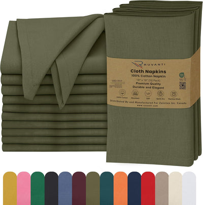Cloth Napkins Set of 12, 100% Cotton 18”x18” - Capulet Olive