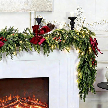 9ft Pre-Lit Real Touch Cedar Christmas Garland with Lights | Lighted Cypress Garland for Mantle,Greenery Christmas