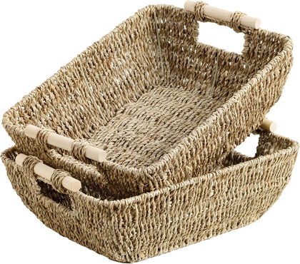 Hand-Woven Large Storage Baskets with Wooden Handles, Seagrass Wicker Baskets for Organizing, 2-Pack