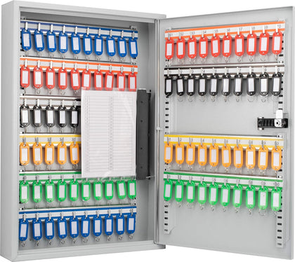100 Position Key Lock Box – Wall Mount Steel Key Cabinet with Adjustable Numbered Hooks, Index Log, Colored Key Tags