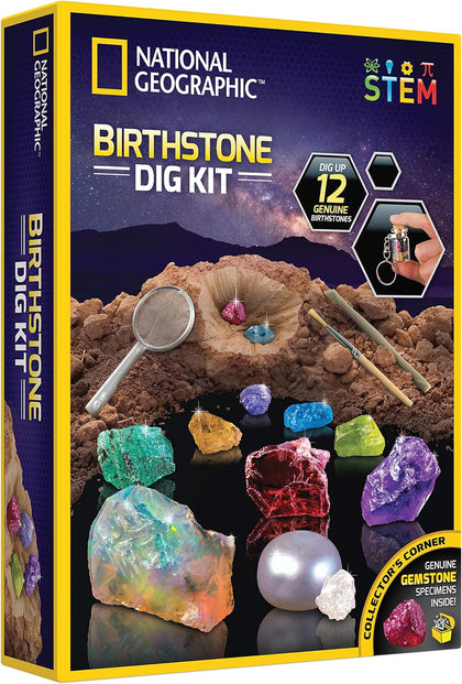 National Geographic Birthstone Dig Kit with 12 Genuine Gemstones for Kids | Real Diamond, Ruby, Sapphire & Pearl