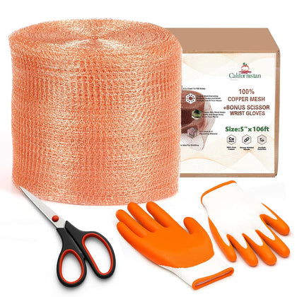 Copper Mesh Rodent Control Roll, 5 in x 106 ft, with Scissors and Gloves | Rustproof Copper Mesh Roll for Rodent, Bat