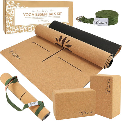 Premium Cork All-in-One Yoga Essentials Kit -Large Cork Yoga Mat 5mm and Blocks Set with Carry Strap and Alignment