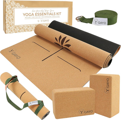 Premium Cork All-in-One Yoga Essentials Kit -Large Cork Yoga Mat 5mm and Blocks Set with Carry Strap and Alignment