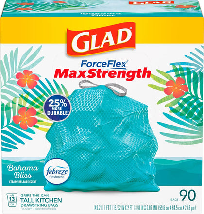 ForceFlex MaxStrength Kitchen Trash Bags, 13 Gal, Bahama Bliss Febreze, 90 Ct (Pack May Vary)