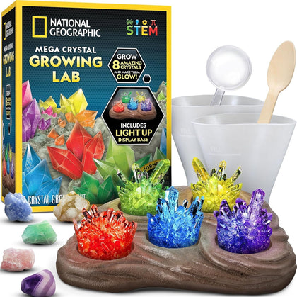 National Geographic Mega Crystal Growing Kit with 8 Crystals Ages 8-12 | Grow 8 Colorful Crystals, Light-Up Night