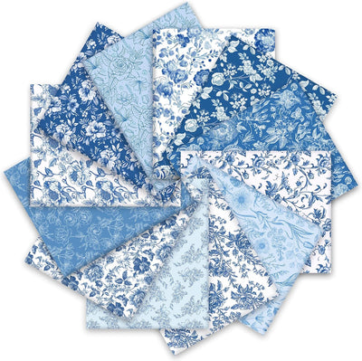 12 Pcs Vintage Floral Cotton Fabric Bundles Blue White Flower Fat Quarters Chinoiserie Quilting Patchwork for DIY