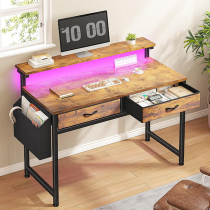 Gaming Desk with LED Lights with 2 Drawers, 31 Inch Desk Home Office Desk Computer Desk with Side Pocket & Ergonomic