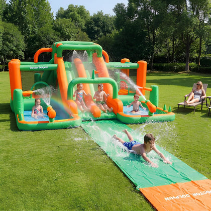 Inflatable Water Slide with 2 Bounce Houses, Mega 10-in-1 Water Park for Kids Backyard with Dual Racing Slides and 6m