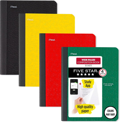 Composition Book + Study App, 4 Pack, Wide Ruled Paper, 7-1/2" x 9-3/4", 80 Sheets, Forest Green, Tidewater Blue