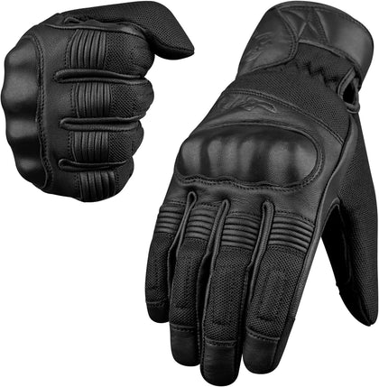 Motorcycle Gloves - Premium Leather Perforated Motorcycle Gloves for Men with Knuckle Protection | Touchscreen