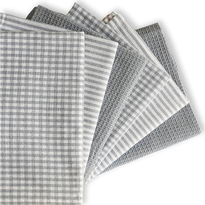 Cotton Dish Towels For Kitchen Drying - Highly Absorbent Light Gray Striped Gingham Plaid Tea Towels - 18"X28" Set Of