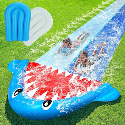 Giant Shark Water Slides for Kids 20Ft Waterslide Backyards Lawn with 2 Bodyboards, 2 Lane Slip Splash and Slide