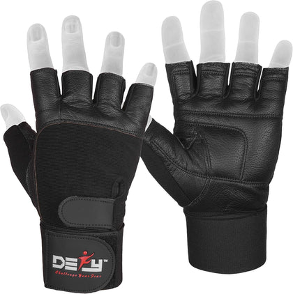 DEFY Padded Weight Lifting Gloves with 13" Long Wrist Wrap Genuine Leather Gym Gloves for Power Lifting, Cross