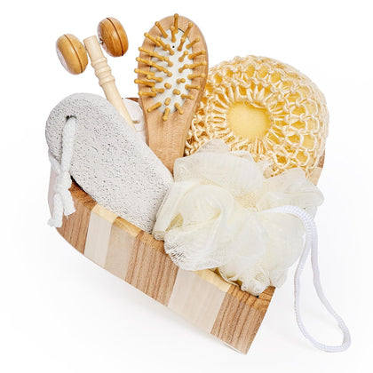 6-Piece Body and Skincare Set, Women’s Spa Gift Basket with Face Massage Roller, Hair Brush, Exfoliating Tools and