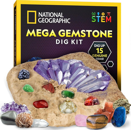 NATIONAL GEOGRAPHIC Mega Gemstone Dig Kit – Dig Up 15 Real Gemstones and Crystals, Science Kit for Kids, Gem Digging