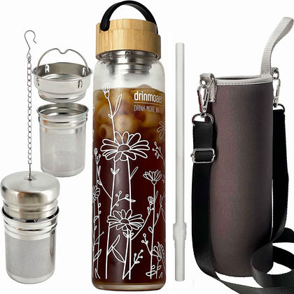 32oz Glass Water Bottle with Bamboo Lid and Neoprene Sleeve | Wide Opening Fruit Infuser Water Bottle (Flower)