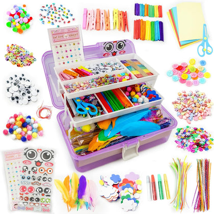 Arts Craft Supplies for Kids - 1000+ PCS Toddler DIY Craft Art Supply Set, Portable 3 Layered Folding Storage Box