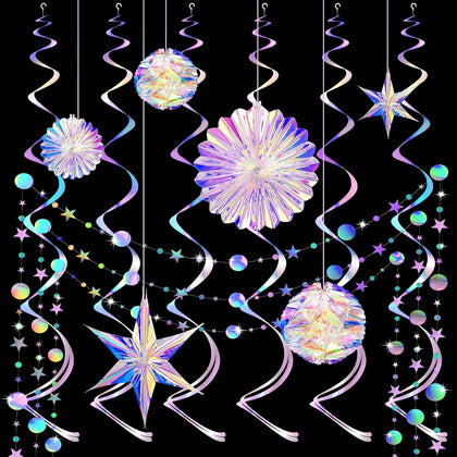 29 Pcs Iridescent Party Decorations with Hanging Honeycomb Ball Decorative Paper Fan Snowflake Hexagonal Star