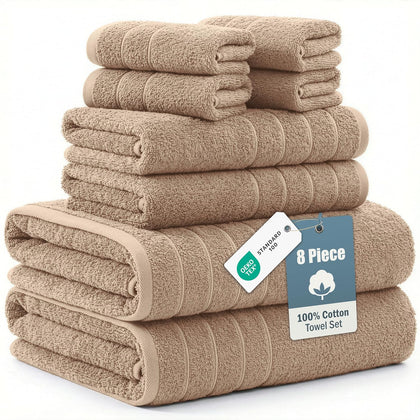 Bath Towel Set 100% Cotton 8 Piece Soft Absorbent - Beige | Shower Towels - Generously Sized, Oversized & Roomy