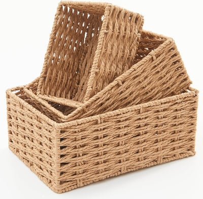 Small Wicker Basket for Organizing, Woven Storage Basket Set of 3 - Handwoven Natural Paper Rope Baskets to Declutter