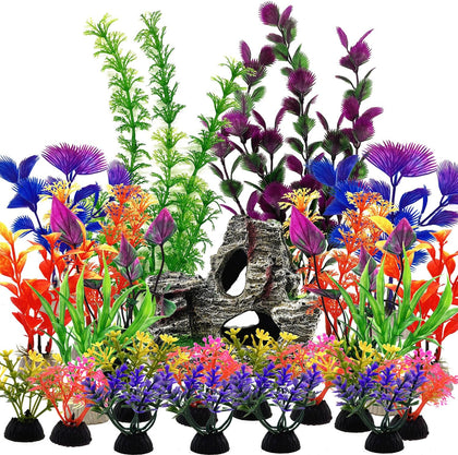 25 PCS Aquarium Plants & Rock Cave Decorations Set – Colorful Fish Tank Plastic Plants Ornaments with Resin Rock