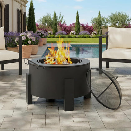 Flicker Wood Burning Steel Fire Pit with Spark Screen, 25" Round Portable Steel Patio Heater for Camping, Patio