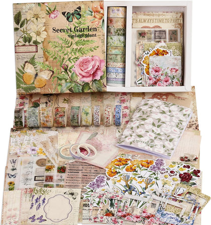 Vintage Botanical Scrapbooking Supplies Kit, Aesthetic Flower Scrapbook Kit for Bullet Junk Journal, 12 Rolls Washi