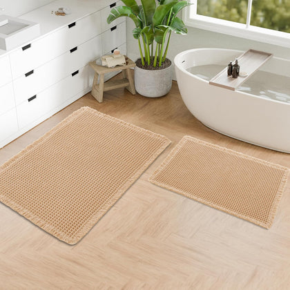 Set of 2 Brown Waffle Bath Mat 16" x 24" + 20" x 32" | Super Absorbent Non Slip Bathroom Boho Rug with Tassel