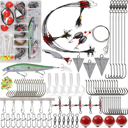 Saltwater Fishing Tackle Kit,131pcs Surf Fishing Gear with Saltwater Fishing Lures Fish Finder Rigs Pyramid Sinkers