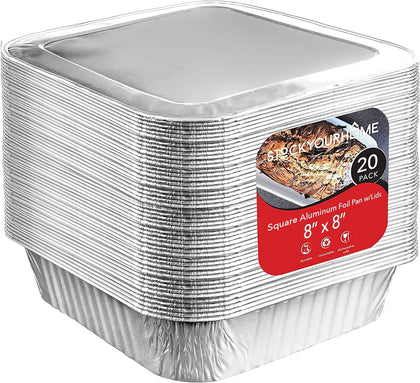 8x8 Foil Pans with Lids (20 Pack) 8 Inch Square Aluminum Pans with Covers -Disposable Food Containers Great for