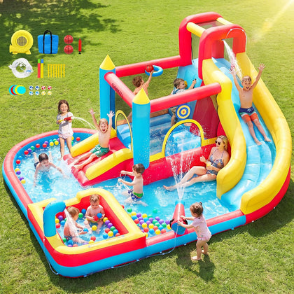 Bounce House with Slide & Blower, Inflatable Water Park Bouncy Castle with Climbing Wall, Ball Pit & Water Cannon for