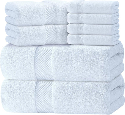 Luxury White Bath Towel Set of 8 Pieces - 100% Turkish Cotton 700 GSM Highly Absorbent Towels for Bathroom, 2 Bath