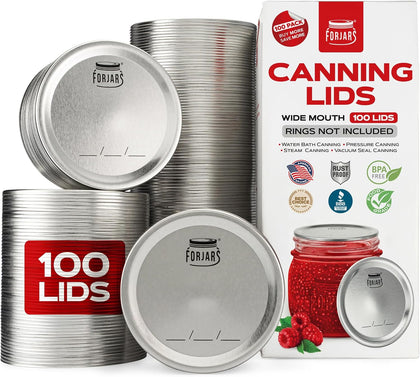 Wide Mouth Canning Lids, 100-Pack – Create Airtight Seals on Mason Jars to Preserve Food for Meal Prep & Emergency