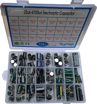 124pcs Electrolytic Capacitor Assortment Box Kit - 22uF-4700uF (6.3V-450V) - Round Aluminum/Polypropylene Capacitors - 105C - 20% Tolerance - Surface Mount - Capacitor Kit